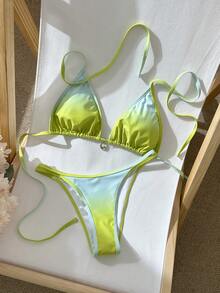 Women's New Fashionable Sexy Ombre Drawstring Halter Tie-Up Two Pieces Bikini Set, Summer - Multicolor - View 3