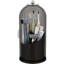 Dustproof Toothbrush Holders With Cover, Rotating Electric Toothbrush And Toothpaste Holder For Bathroom Countertop, 3 Slots Makeup Brushes Organizer, Grey White - 灰黑色 - 查看 3
