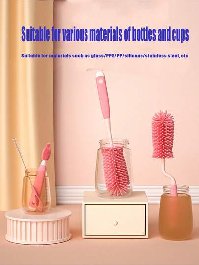 四合一硅胶奶瓶刷套装，适用于清洁奶瓶、吸管和长奶嘴。粉色硅胶奶瓶刷配有吸管清洁刷头和柔软刷毛，可进行深度清洁。多种颜色可选，包括粉色和灰色奶瓶清洁套装。四合一清洁套装，配有长柄硅胶奶瓶刷，也适用于清洁杯子，包含杯子刷、奶瓶刷和长柄刷。