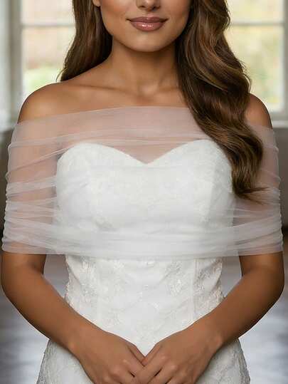 1pc White Minimalist Women Shawl With Pearl Buttons, Reversible Design To Cover Arms, Suitable For Wedding Dress, Formal Events, Parties