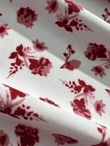 Summer Elegant Red & White Floral Print One-Piece Swimsuit, Ruched Waist Fitted Design With Petal Trim, Suitable For Beach Vacation - Red - View 5