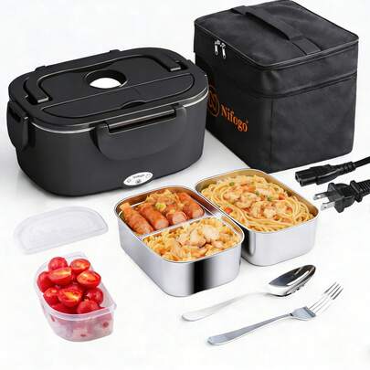 100W Electric Lunch Box Food Warmer – Portable Food Heater For Car And Home Use, Leak-Proof Design, Suitable As A Lunch Heating Device For Truck Drivers, Equipped With 2 X 1.5L Removable Stainless Steel Liner, Supporting 110V/12V/24V Voltage