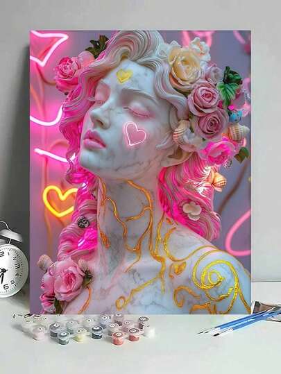 [2D Flat] 1pc Floral Marble Goddess DIY Oil Painting By Numbers Canvas Painting With Roses Shells Neon Background DIY Crafts Adult Home Decoration Gifts 40x50cm/16x20inch Romantic Art.