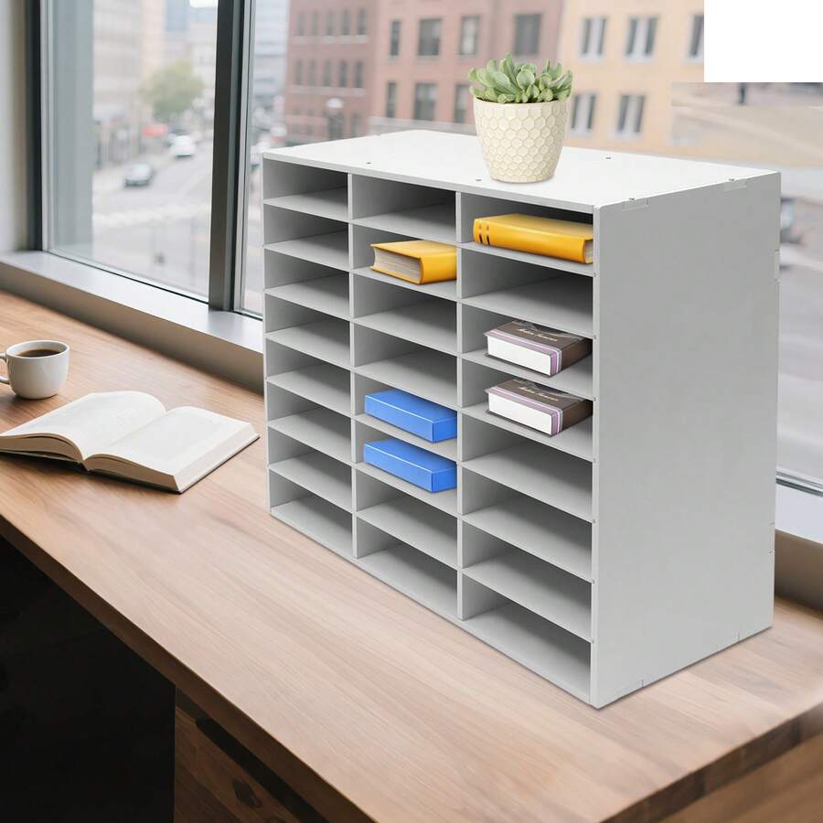 Desktop-Aktenordner, 24-fach-Prospektordner, weißes PVC-Aktenregal für den Schreibtisch, zum Ordnen von Dokumenten, Zeitschriften, Post, Rechnungen, 3x8-Rasterdesign, Organisation für das Homeoffice, kompakt und langlebig - Weiss - Übersicht 1
