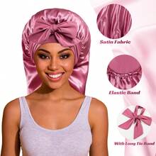 Ladies' Elastic Broadband Satin Imitation Silk Night Sleeping Hat, Bow Tie Tied Braid, Curly Hair Headband Hat - 紫色 - 查看 2