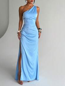 WOWDARK Summer Dress, Blue Fashion Women's Satin Asymmetric Slit Party Dress, Elegant Dress Suitable For Carnival, Dates, Gatherings, Parties, Travel, Vacation, Beach And Other Occasions - Blue - View 5