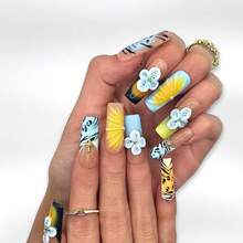 10 PCS Handmade Square Press-On Nails | Pink-Blue-Yellow 3D Floral With Acrylic Multicolor Bases, 3D Floral & Star Embellishments - 淺藍色 - 查看 3