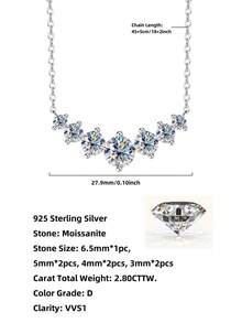 XUJIA 1pc Women's S925 Sterling Silver Smiling Diamond Necklace, 6.5mm, 5mm, 4mm And 3mm Moissanite Diamond Necklace, Exquisite Sparkling Bridal Wedding Jewelry Gift - NMO-058 - View 3