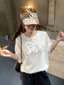 新款Z世代女款三只鸭子可爱印花圆领短袖T恤，夏季休闲白色 - 白色 - 查看 10