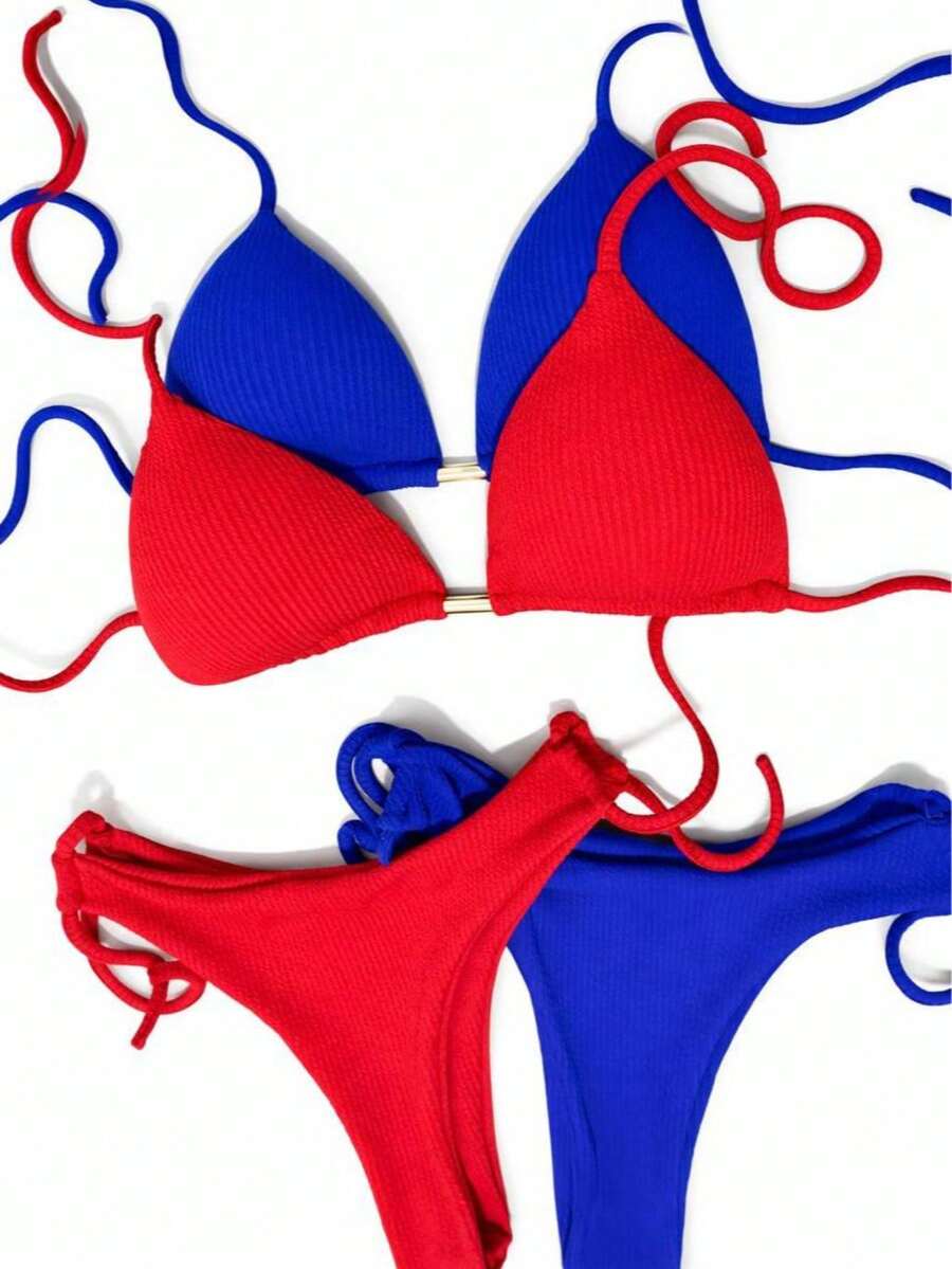 Set Of 2 Triangle Bikini Tops With Padded Cups And Double String Semi-Thong With Knot Detail For Beach And Vacation - 紅色和藍色 - 查看 1