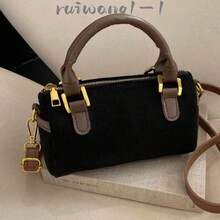 Fashionable High-End Cylinder Boston Bag For Women, Versatile Handheld/Shoulder/Crossbody Bag With Zipper, Frosted Pu Leather - Black - View 2