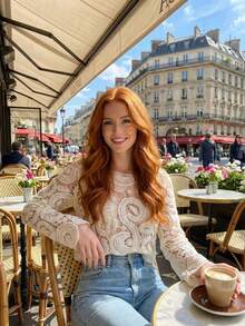 Long-Sleeved Crochet Lace Blouse, Lightweight Cutout Design, And Street Style For A Casual Look. - 米色 - 查看 3