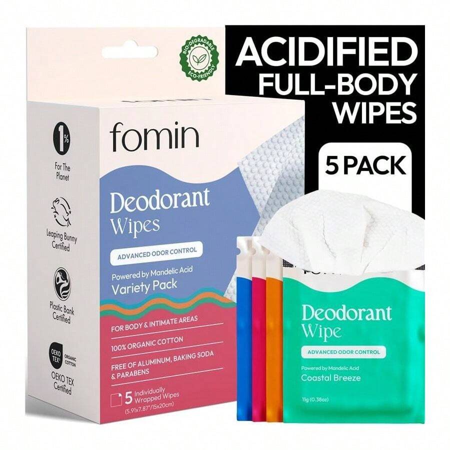 FOMIN Acidified Travel Deodorant Wipes For Women Men - 5 Count - PH Balanced, Mini Deodorant Travel Size Wipe - Plastic - Free, Individually Wrapped Underarm Body Wipes - 1盒粉紅熊貓 - 查看 1