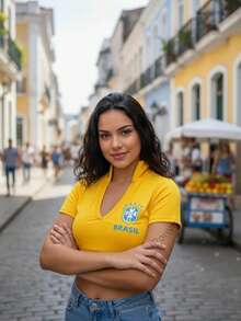 Cropped Top With Collar, World Cup Brazil Design, In Supplex Fabric With Padding. - Yellow - View 2