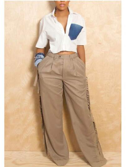 Pantalones holgados y casuales con flecos para mujer, cintura alta, pierna acampanada y elástica