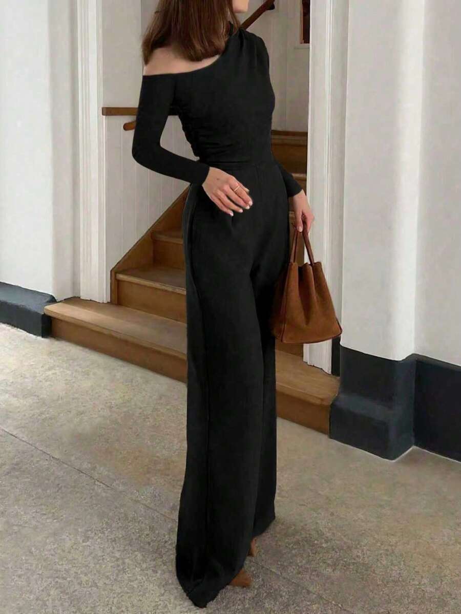 时尚优雅褶皱露肩设计长袖阔腿连体裤，新款春夏女式连体裤 - 黑色 - 查看 1