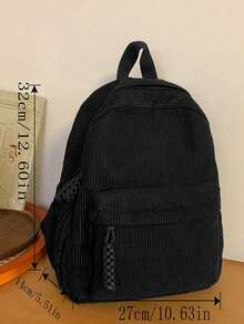 Solid Color Corduroy Fabric Fashionable And Simple Ladies' BackpackSchool Backpack,School Bag,School Bookbag,Big Backpack,Portable,Lightweight,Classic Casual, Suitable For Teen Girls Women College Students, Perfect For Back To School,First Day Of School,College,Middle School, High School,New Autumn And Winter Women Bag, Best Fall Purse ,University Bag , Back To School - 黑色 - 查看 3