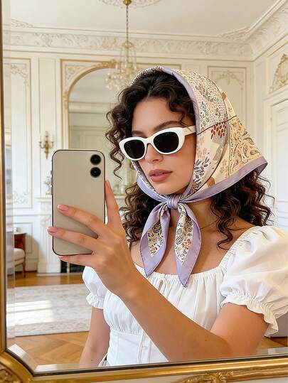 1条女士70厘米春季新款真丝缎面方巾，巴厘岛印花多功能配饰，适合日常佩戴，四季皆宜的头巾/围巾