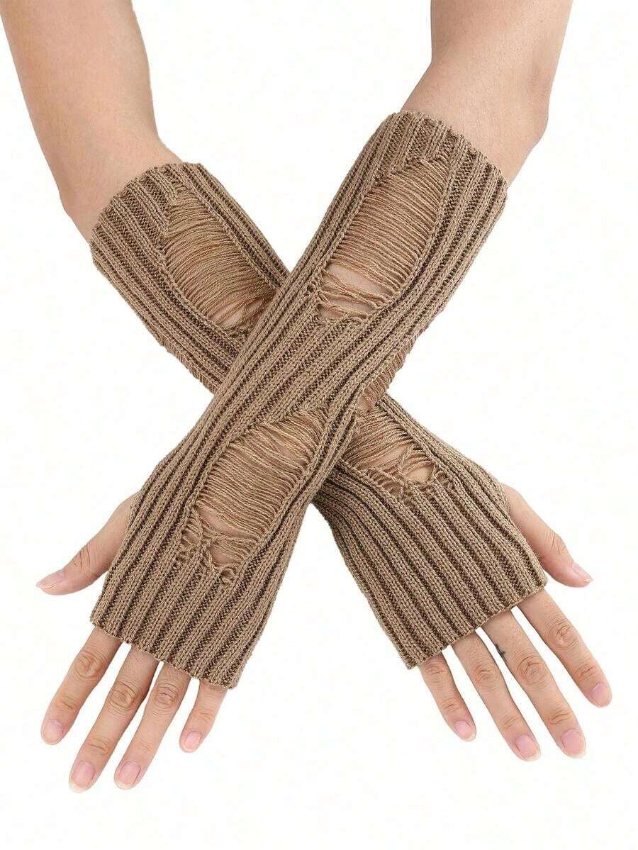 1 Pair Solid Color Hollow-Out Knitted Fingerless Arm Warmers, Streetwear Style, Acrylic Yarn, Mid-Length, Suitable For Autumn/Winter, Students, Office, Writing, Keeping Hands Warm - A - Xem 1