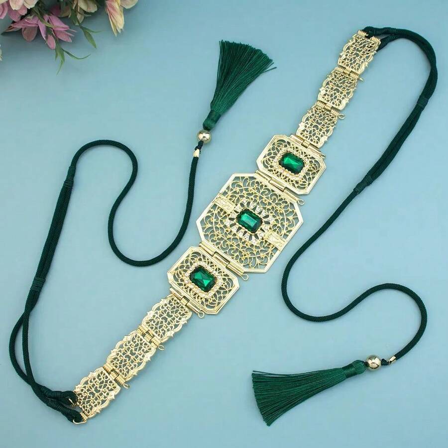 Gold Color Morocco Caftan Belt For Women Bridal Wedding Waist Chain Hand Rope Tassels Crystal Arabian Party Jewelry - TGnvsbt11011HONG - 查看 1