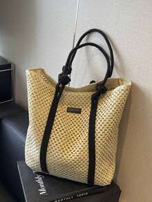 INS Hollow Paper Rope Large Capacity Woven Bag, One Shoulder Straw Bag, Handbag, Commuter Tote Bag, Beach Bag, Portable - Beige - View 7