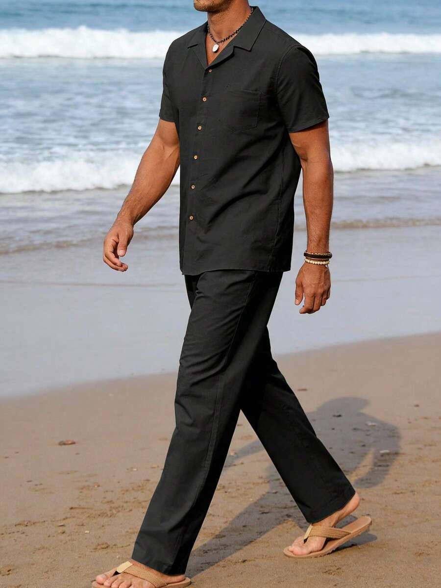 Men's Casual Two-Piece Suit: Short-Sleeve Cardigan, Button-Up Shirt, And Trousers - Thin, Solid Color, New Style - 黑色 - 查看 1
