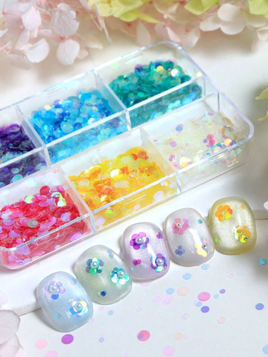 6-Grid Holographic Sequin Nail Art Decorations, Candy Color Mixed Size Shiny Nail Glitters For Summer Nails
