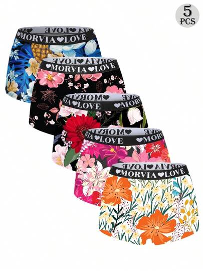  Dircho 5条装女士印花撞色包边平角内裤，舒适柔软，弹力腰带，女士内衣裤