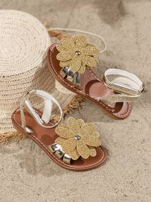 1 Pair Gold Glitter Diamond Pattern Children's Sandals, Suitable For Summer Wear. Roman Style Sandals, Bohemian Style Sandals. Girls Beach Sandals, Girls Sandals, Children's Hook And Loop Sandals, Beach Shoes And Children's Shoes. - Rose Gold - View 3