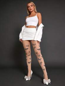 20D Customizable Sheer Pantyhose With Black Butterfly Print, Women's New Spring/Summer Tights, Snag-Resistant Stretchy Skinny Pants, Fashionable Sexy Stockings, All-Match Versatile Socks - Apricot - View 2