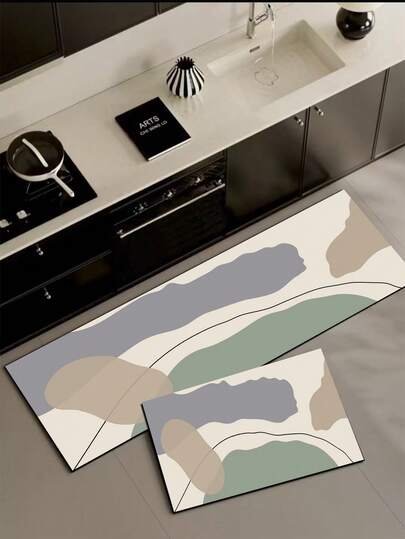 1 قطعة حصيرة أرضية للمطبخ من جل السيليكا، تتميز بتصميم ألوان سائل غير متماثل بدرجات رمادية وبنية فاتحة وخضراء باهتة على قاعدة عاجية