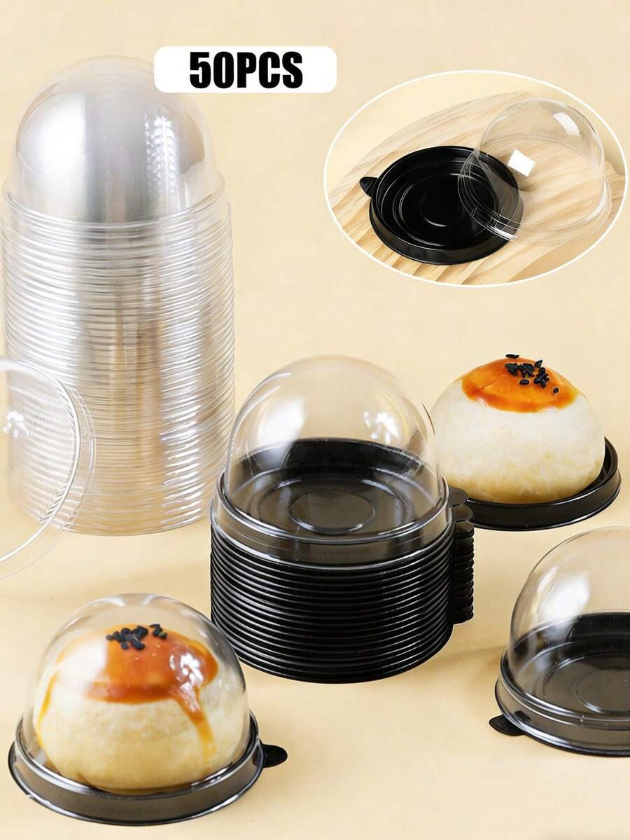 50套加厚圆形蛋黄糕点包装盒（带盖和底）、甜点蛋糕托盘和透明独立包装盒 - 彩色 - 查看 1