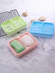 1pc Creative Dual-Compartment Waterproof Covered Soap Dish, Fashionable Dual-Grid Plastic Soap Holder With Drainage - A - View 7
