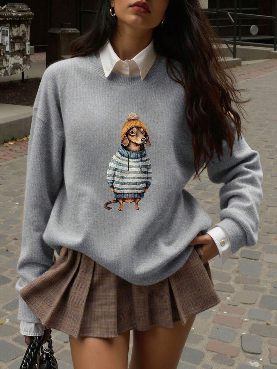 Damen Lässig Warm T-Shirt, Dackel Muster, Herbst/Winter - Hellgrau - Übersicht 1