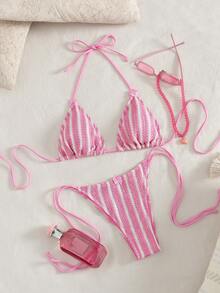 Bộ bikini 2 mảnh kẻ sọc hồng trắng, chất liệu vải sần - Áo tắm dây buộc cổ tam giác, cạp cao, kiểu thong gợi cảm dành cho nữ, thích hợp cho kỳ nghỉ biển, hồ bơi và tiệc tùng. - Nhiều màu - Xem 7