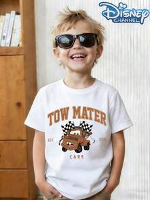 Disney Camiseta de manga corta con estampado de dibujos animados de Rayo McQueen y Mate, de estilo casual y sencillo, adecuada para primavera y verano, apta para niños y niñas. Regalo festivo - Blanco - Ver 1