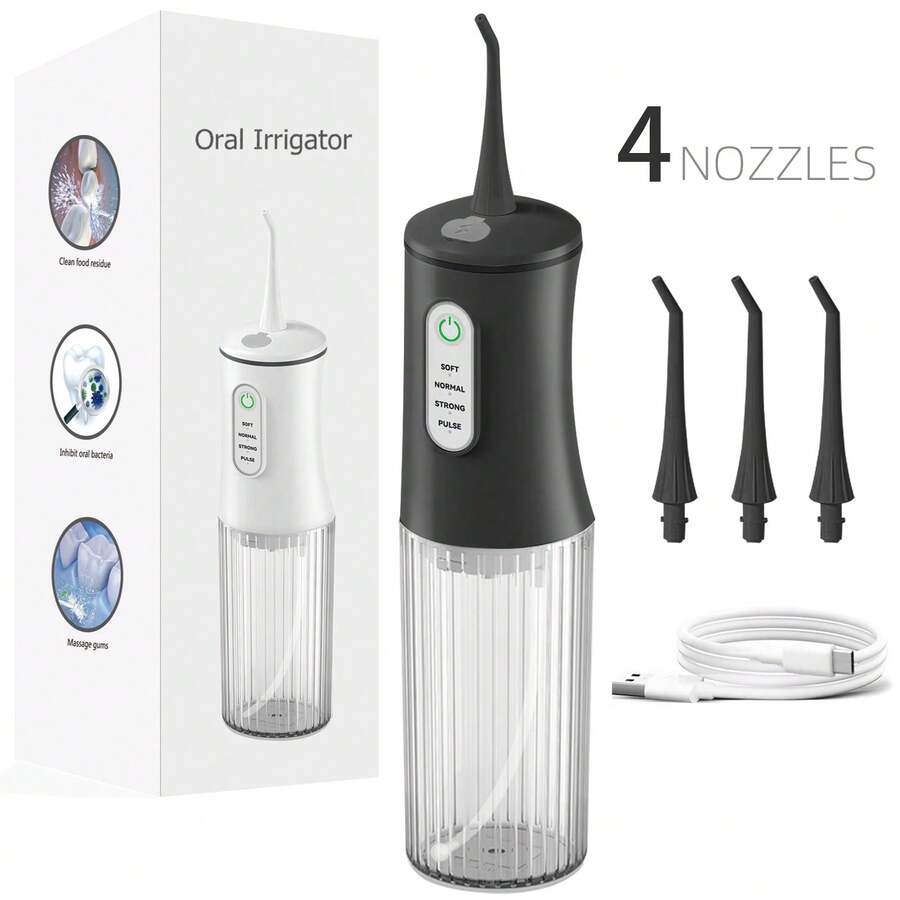 1 buah Pembersih Gigi Nirkabel Portabel Isi Ulang, Flosser Air Elektrik dengan 4 Mode dan 4 Nozel, Cocok untuk Perawatan Mulut di Rumah - Hitam - View 1