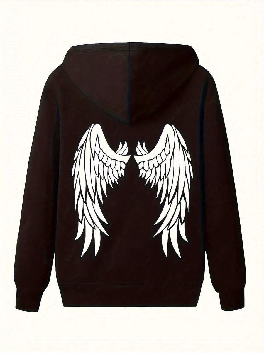 Plus Size - Plus Size Casual Hoodie With Printed Design On The Back - Black - View 1
