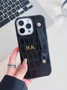 Personalized Customization Name Luxury Imitation Crocodile-Patterned Leather Wristband Phone Cover, Compatible With Apple 17 16 15 14 13 12 11 Pro, Great Gift For Valentine's Day, Birthday, Holiday, Men & Women, Anniversary, Wedding, Parents (PU Leather, Foil Print) - Royal Blue - View 2