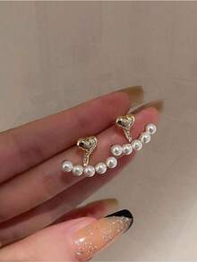 Minimalist Small Heart Faux Pearl Stud Earrings Korean Fashion Jewelry For Women Valentine's Mom Mother's Day Gift - Trắng - Xem 2