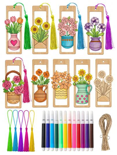 8根绳子、8个木质花形书签、8个流苏装饰和12支彩色笔组成的木质书签套装。未上色的木质花形书签适合DIY涂色和装饰，可用于礼品包装装饰、植物主题木质吊坠和礼盒装饰。