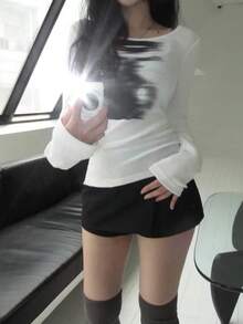 女士复古休闲长袖T恤 - 白色 - 查看 4