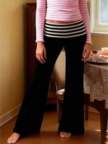 Lounge Yoga Pants For Women Fold Over Low Waist Wide Leg Sweatpants Flare Leggings Bell Bottoms Y2K Foldover Pants - màu đen - Xem 1