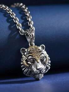 1件男士精致时尚虎头吊坠项链霸气野兽吊坠首饰配饰 - 銀色 - 查看 6