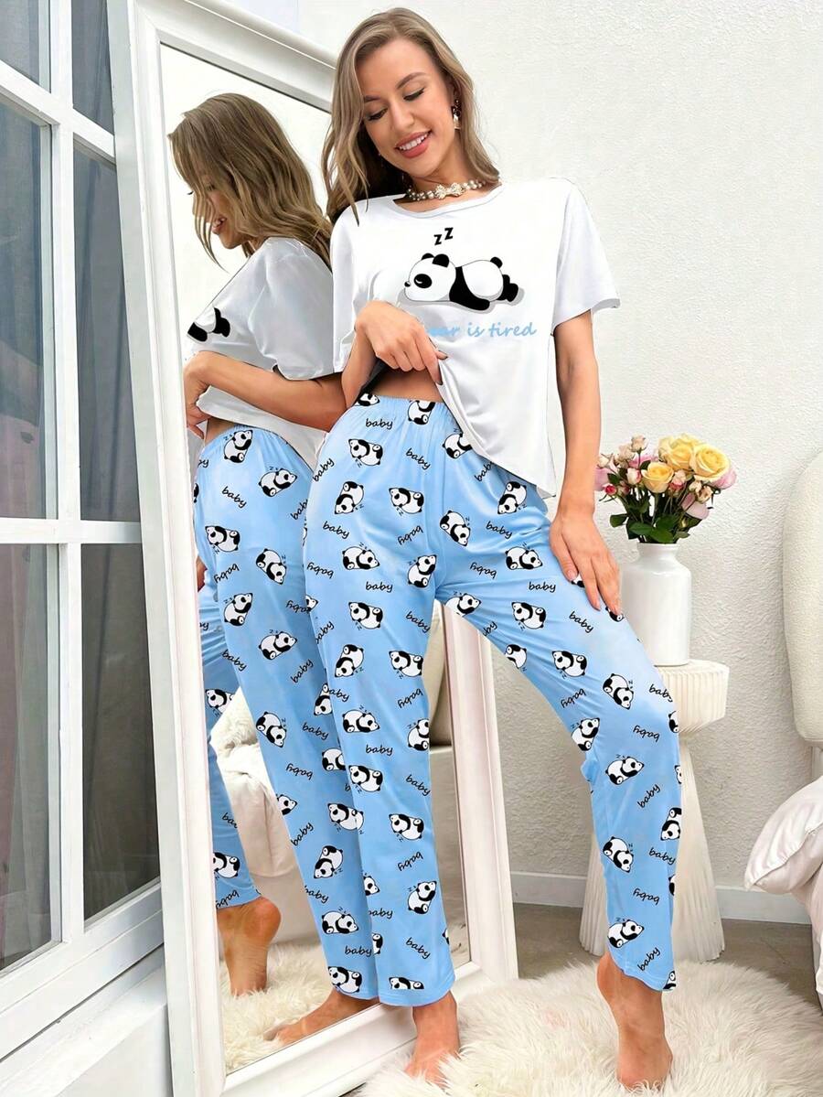Bộ đồ nữ mùa xuân/hè in hình gấu trúc và chữ cái, gồm áo và quần, thích hợp mặc ở nhà và mặc hàng ngày. - Nhiều màu - Xem 1