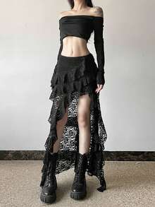 Top Dazzle Women's Black Lace Long Skirt, Sexy Asymmetrical Design With Ruffles, Semi-Sheer Polyester Fabric For Party Evenings - Black - View 2