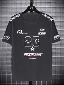 男士运动赛车风格休闲T恤，印有英文文字 - 灰色 - 查看 2