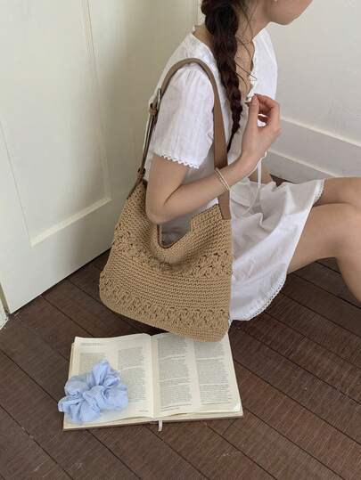 Handmade Woven Tote Bag, Large Capacity, Versatile Casual Beach Vacation Camping Shoulder Handbag