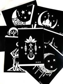 8张月亮、星星、莲花图案的临时纹身贴纸，包含图腾、风铃和各种图案，适合纹身艺术、派对和日常造型，新手也能轻松打造神秘异域风情的设计。 - 黑色 - 查看 6