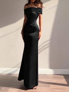 WOWDARK Women's Summer Off-Shoulder Tie Strap Solid Color Elegant Party Dress Black Wedding - Black - View 3